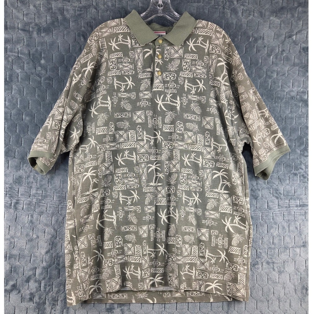 Bugle Boy Company Mens XXL Tropical Pineapple Palm Tree Polo Shirt Olive Green